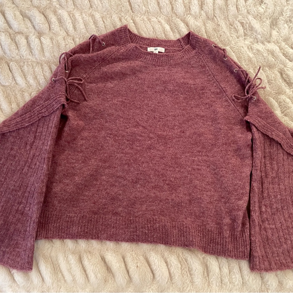 BP Dusty Rose Crew Neck Sweater with Lace-Up Detail
